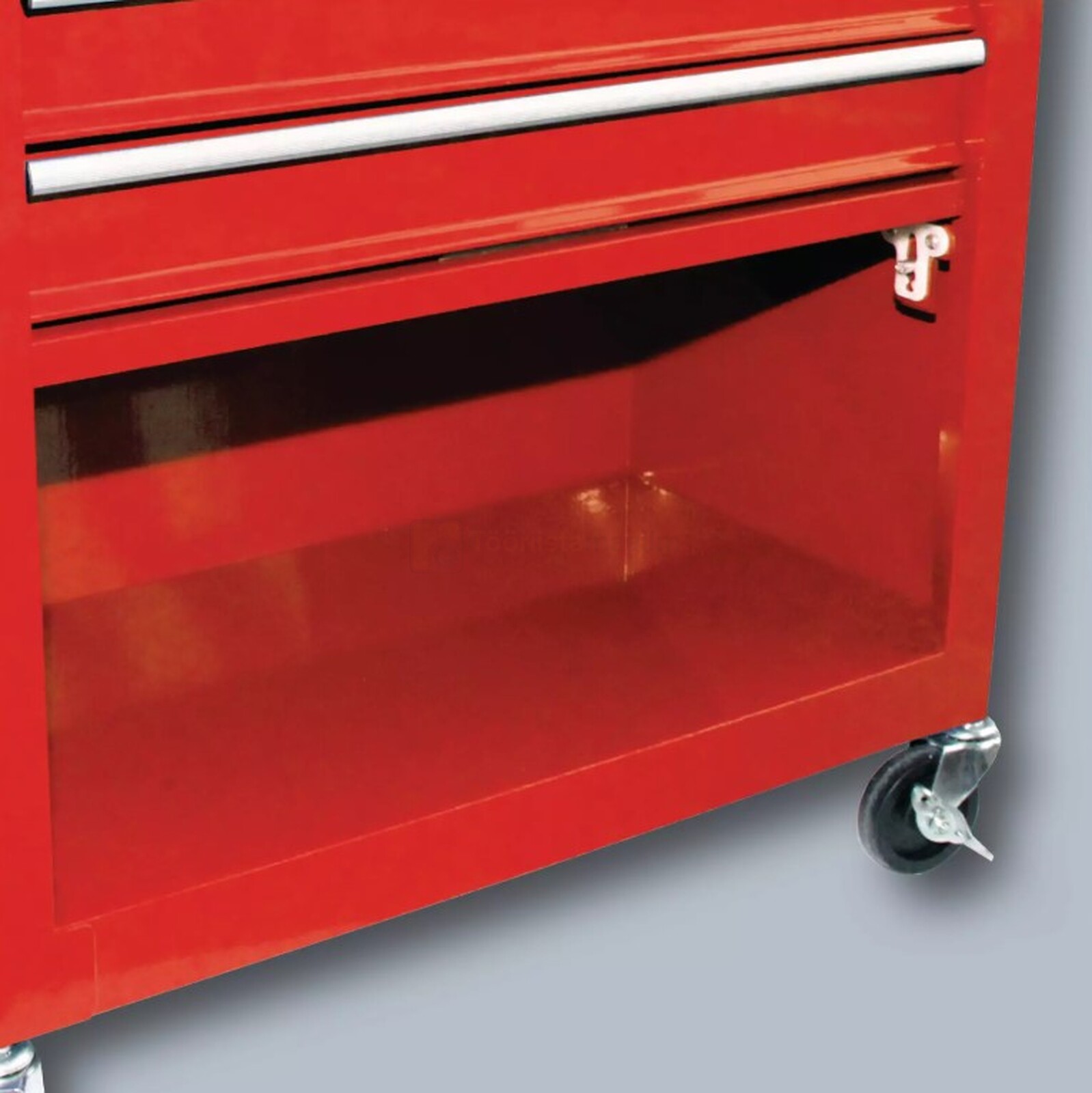 Pildil on punane Einhell TC-TW 100 tööriistakäru, millel on avatud sahtel ja alumine riiul.